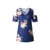 Free Shipping V-Neck Summer Women Print T-shirt Short Sleeve Sexy Casual Slim Tops Blue White Party T-shirts Off Shoulder Tops