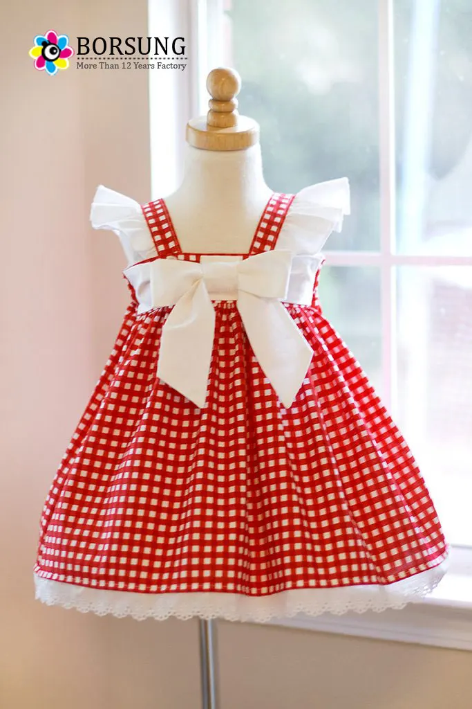 Hot Sale Baby Girl Angle Sleeve Lace Lovely Red Plaid Maid 3 Year Old