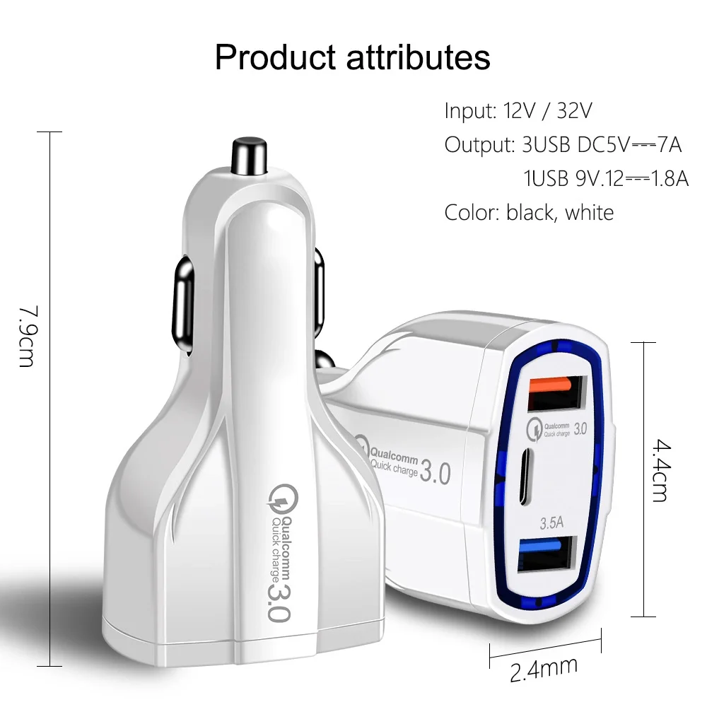 Free Shipping XINBEST Newest Portable Dual USB+TYPE C Quick Charge 3.0 Car Charger Mobile Phone Charger USB Car Charger