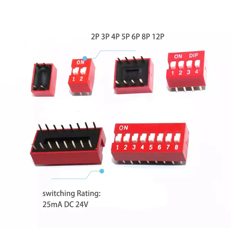 Piano Type Side Dial Dip Switch 2.54mm 4 Position Dp04 Switch 4p 8pin 4 Way Red Dip Switch