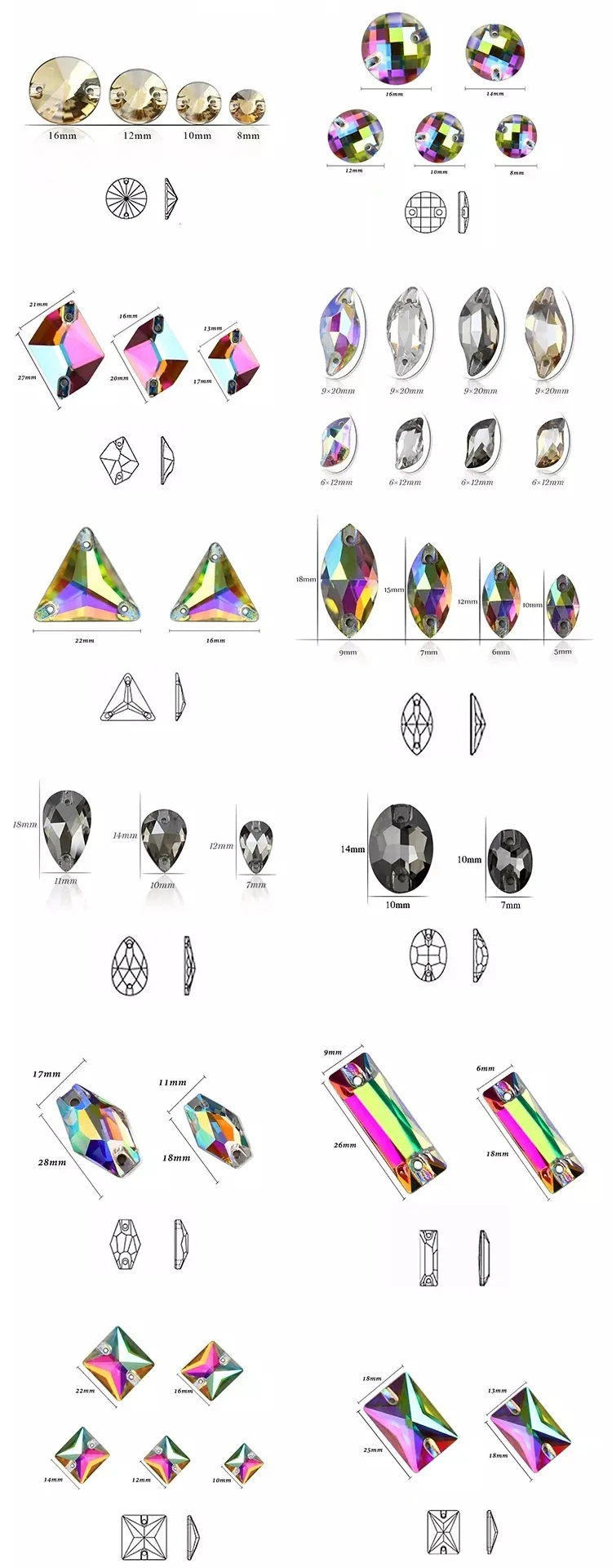 Top K9 Quality New Crystal AB Diamond Lemon Shape Flat Back Glass Strass Crystals Sew on Rhinestone Fan Woman Brooch for Gifts