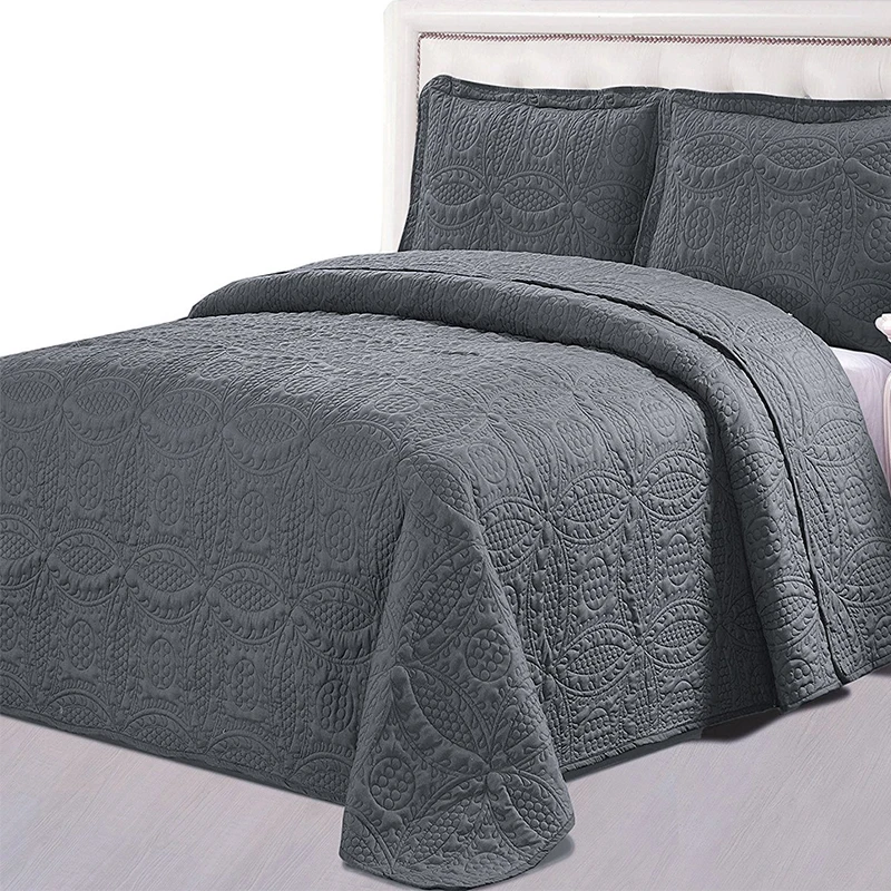 Charcoal Grey Microfiber Coverlet Set Quilted Solid Lightweight 3