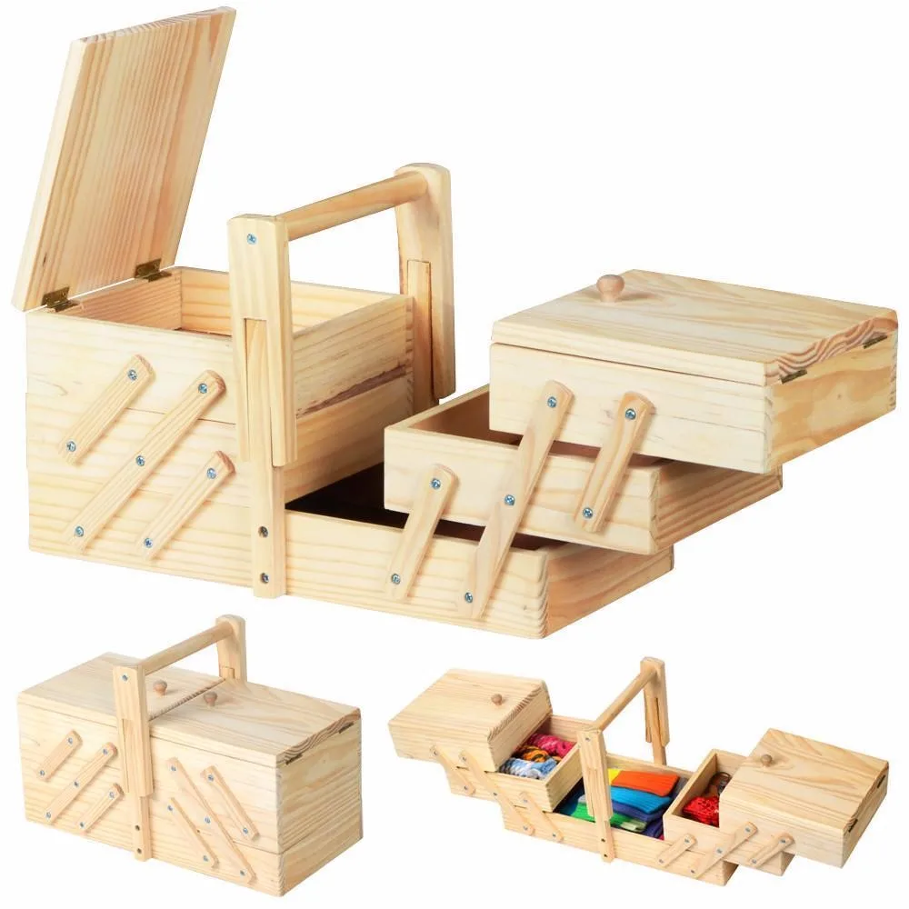 Wooden Factory Unfinished Pine Wooden Folding Sewing Box In Packaging
