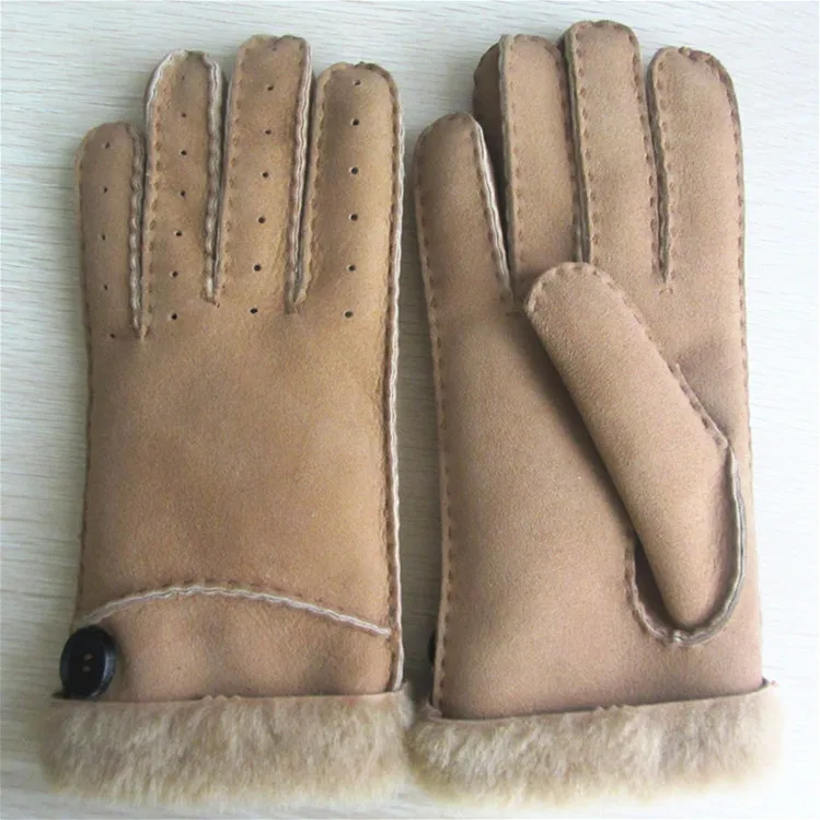 Women soft fashion double face fur lined leather gloves with button