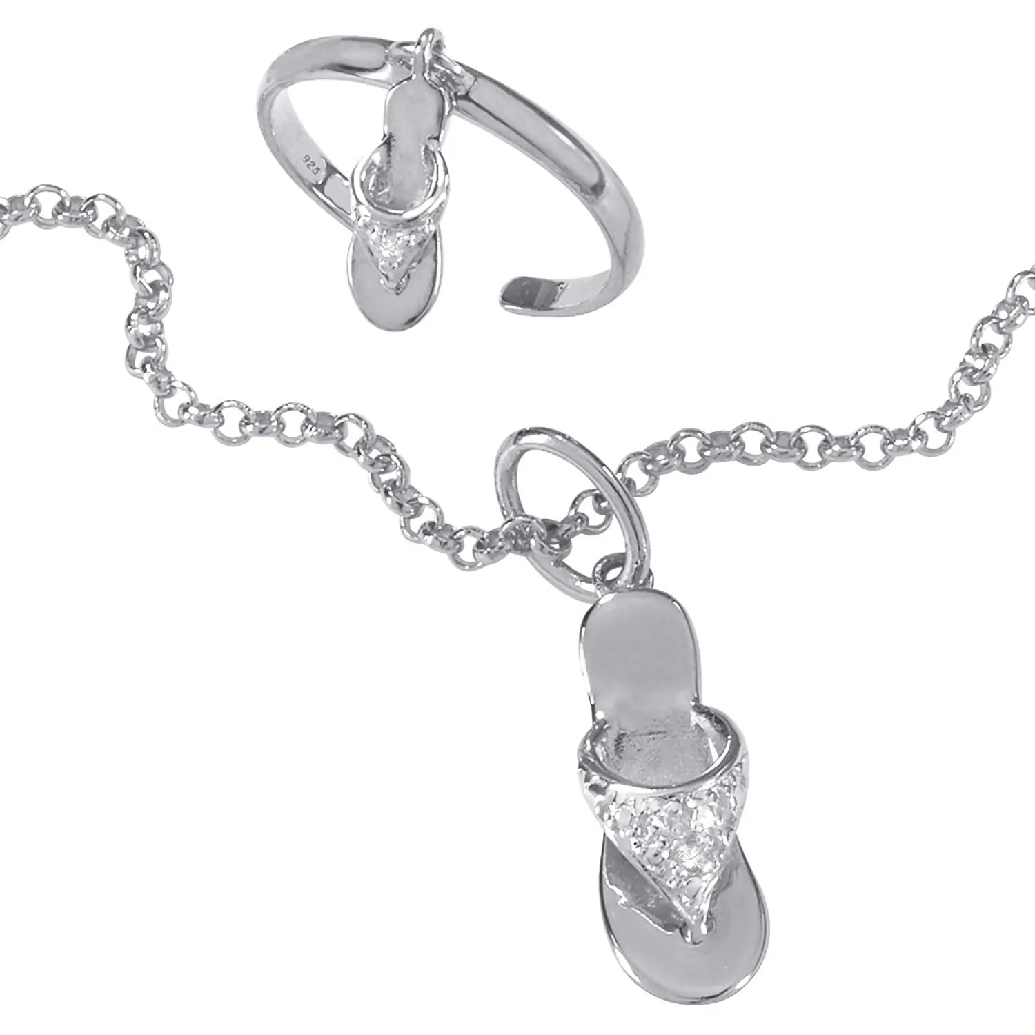 White Diamond Accent Platinum over .925 Silver Flip-Flop Ankle Bracelet Toe Ring Set 9"
