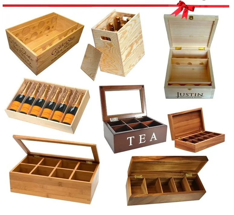 Two Compartments Wooden Box with LidPlain Pine to DecorateTea Storage 