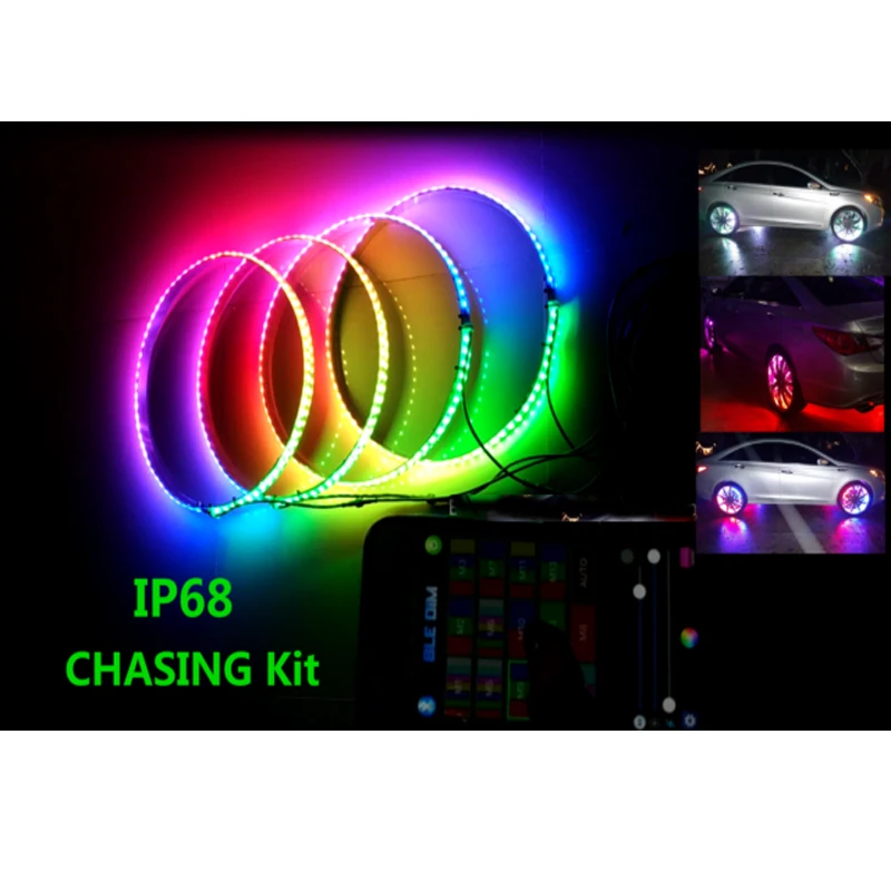 Color Chasing 15.5" RGB LED Wheel Rings Rim Multi color Light Kit with Blue-tooth