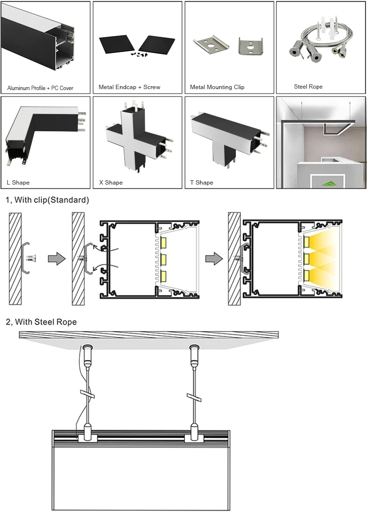 aluminum led profile pendant lights ceiling lights with black diffusers 55*70 40W