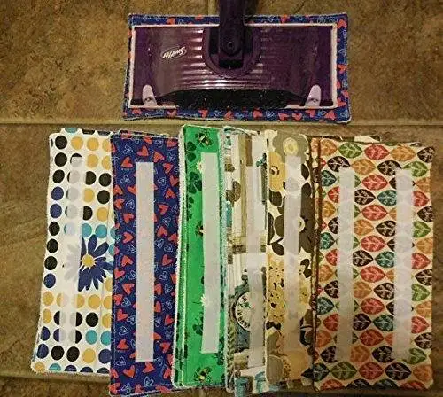5 Washable reusable replacement pads for Swiffer Wet Jet type wet mops, cotton and terry cloth, various prints