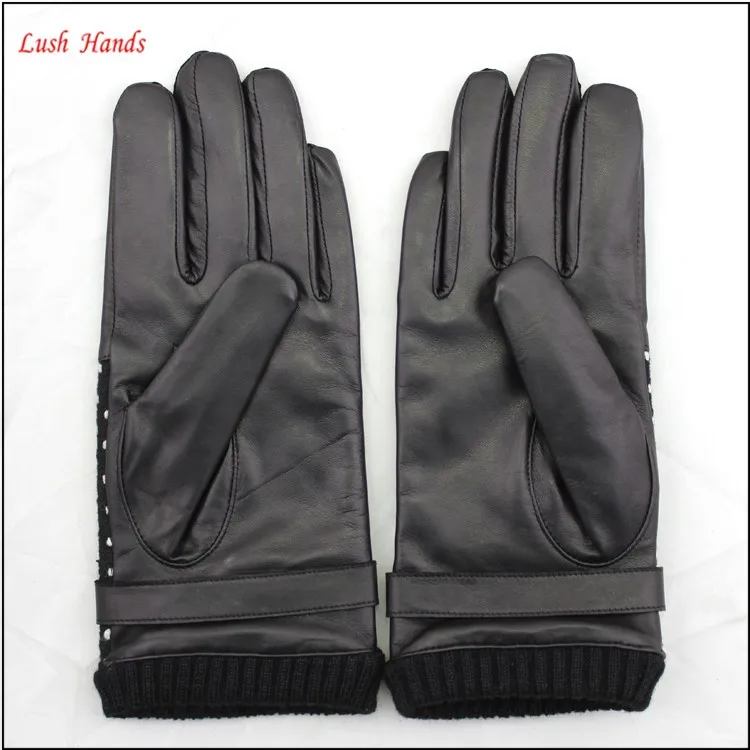 2016 laies new style touch screen leather gloves fabric ane leather stitching leather gloves with belt buckle