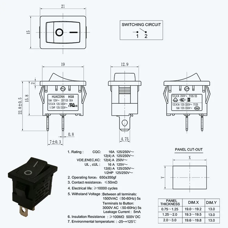 Microschalter bascules Installation Interrupteur 30 Mohm à 16 A/125 VDC/250 Vac
