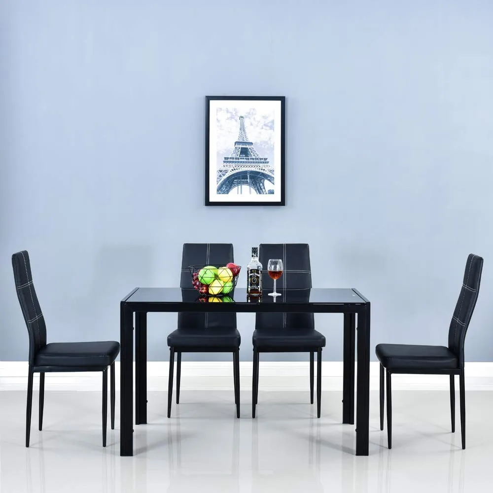 Modern Rectangle Black Tempered Glass Dining Table And Chairs Set With