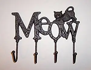 "ABC Products" - Pet Cat Hook Hanger - Heavy Cast Iron - With 3 Heavy Wire Hooks - With A Sign That Says "MEOW" - Wall Mount - (Rustic Dark Bronze Finish - Accented With A Cat On Top)