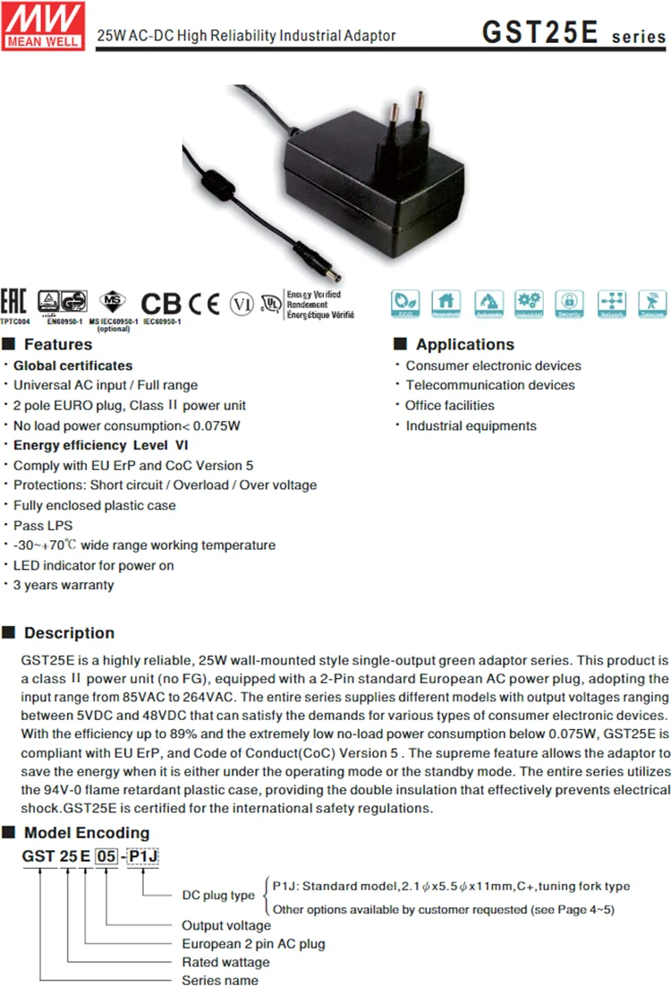 Meanwell Euro Plug -p1j 20w 5v Wall Mounted Adaptor Ac Dc .