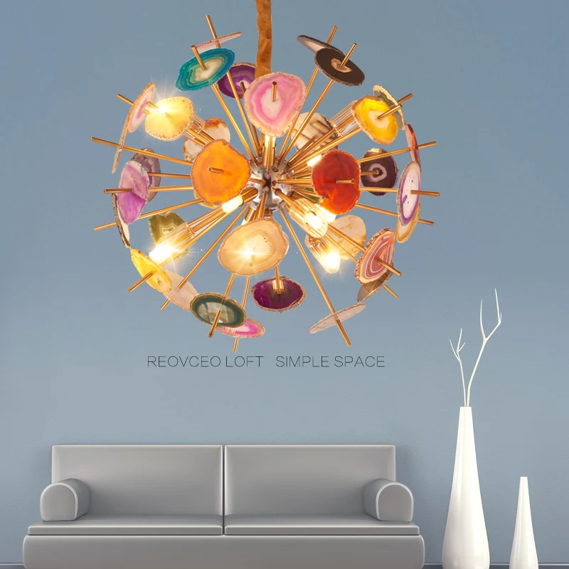 hot sale unique design Colorful Agate Stone round natural ball brass G9 LED Light chandelier
