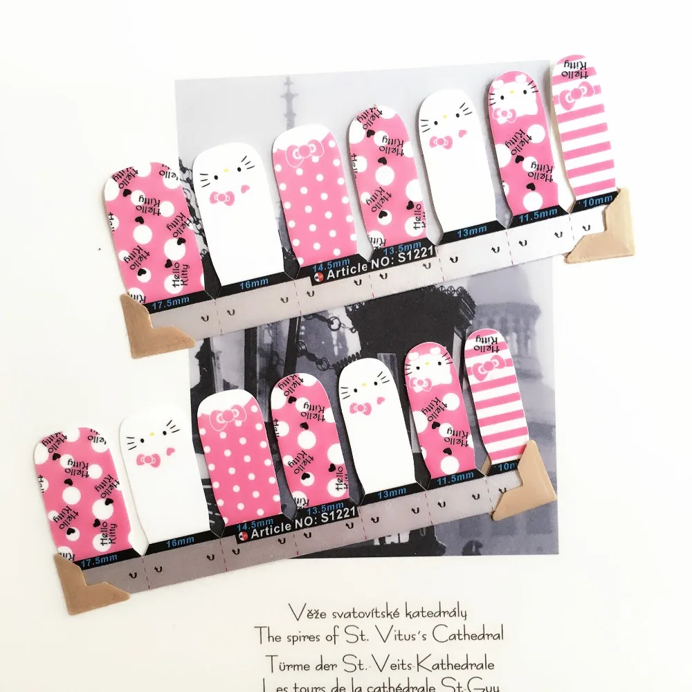 Pink Lovely Hello Kitty Nail Arts Stickers 14 pcs set Full Tape Patch Waterproof Foils Decals