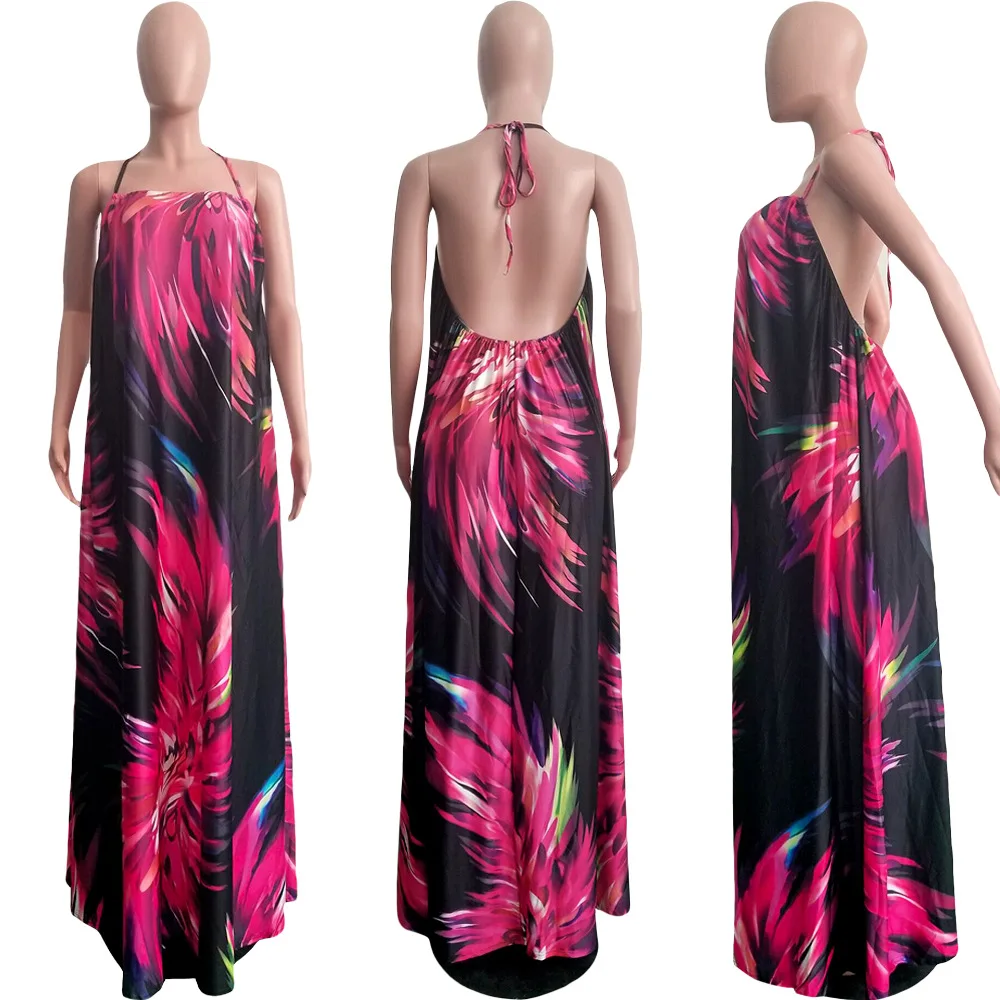 Ecowalson S3505 Women's Off-Back Sexy Sleeveless Digital Printing Floral Hanging Neck Mopping Long Dress S-3XL