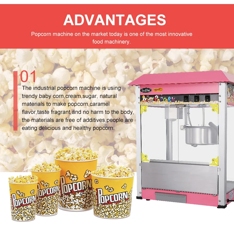 CE Approved Industrial Snack Equipment Automatic Sweet Hot Air Pink Roof White Columns Commercial Caramel Popcorn Machine Maker