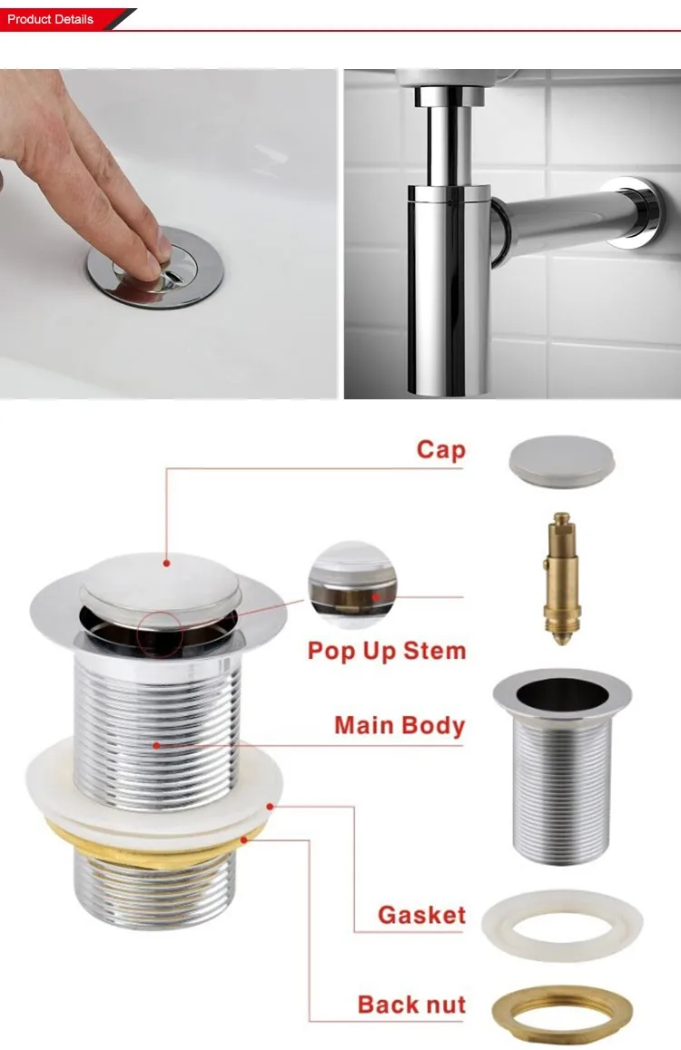 1 1/4'' Brass Wash Basin Waste Drain With Rubber Plug Long Screw 72mm