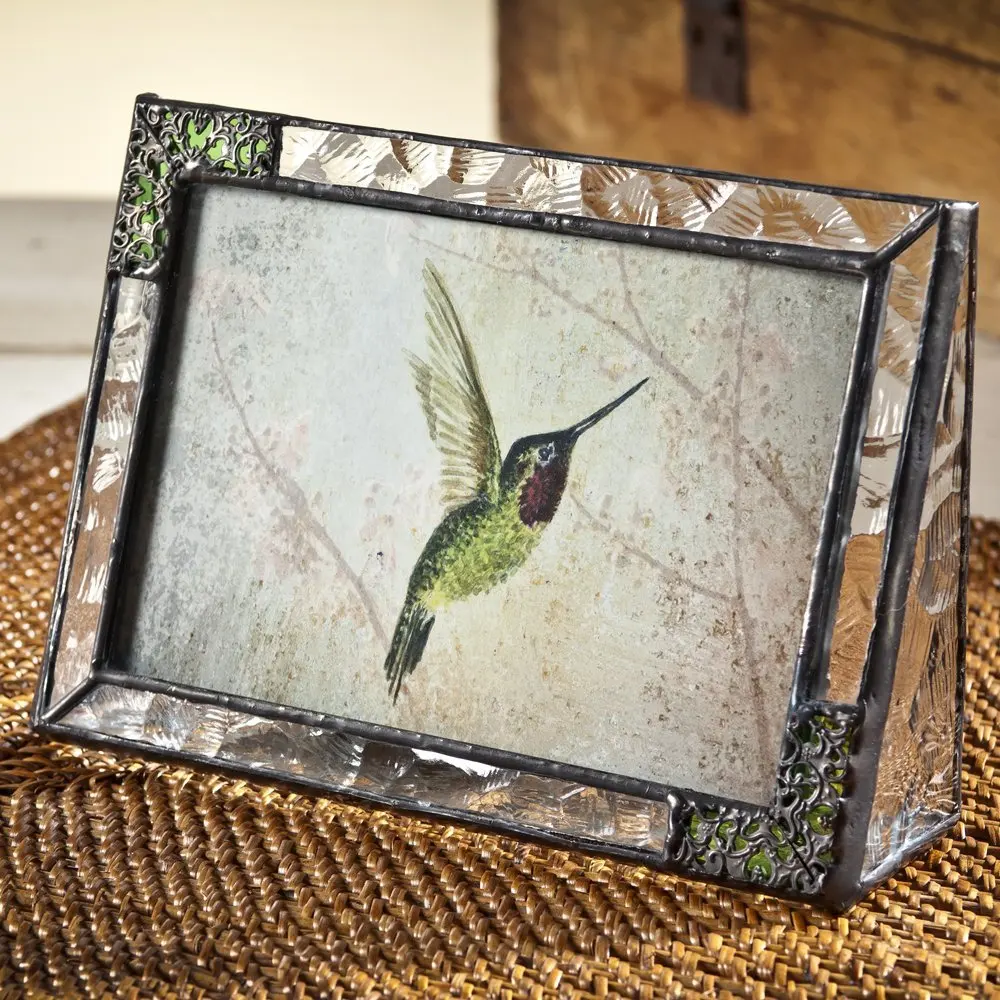 J Devlin Pic 352-46H Stained Glass Picture Frame Tabletop 4 x 6 Horizontal Photo Green with Metal Overlay Hummingbird