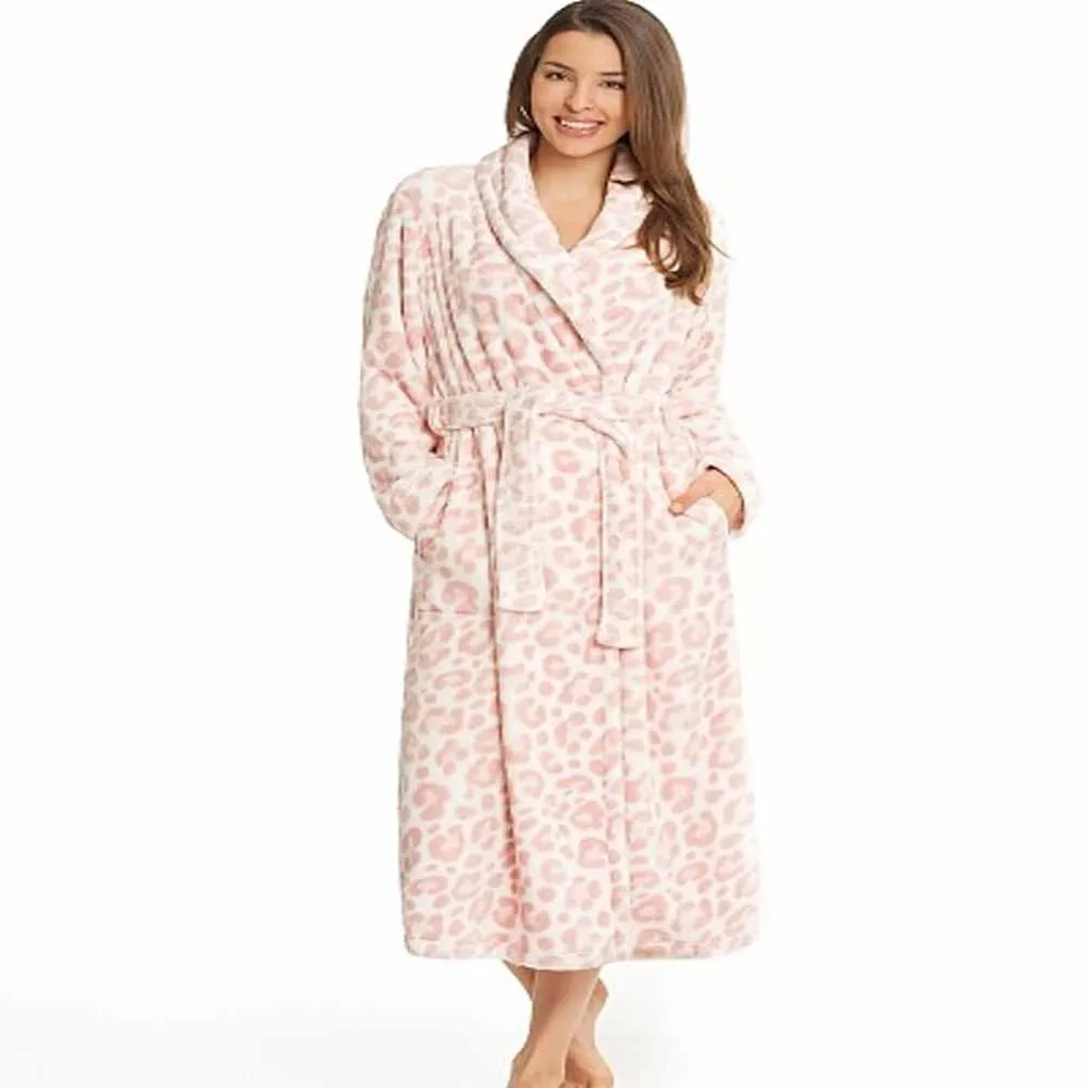 100 Polyester Coral Fleece Leopard Print Long Bathrobe For Women