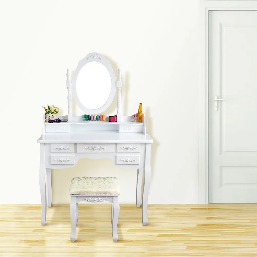 Tocador Blanco,Espejo Y Taburete Set 2 Cajón Dormitorio Escritorio De