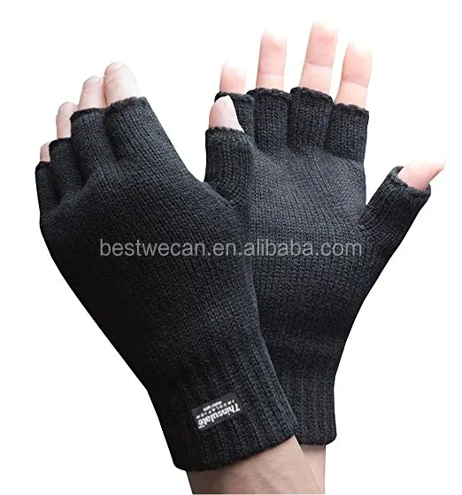 thermal insulated black acrylic knit winter fingerless gloves
