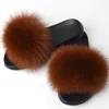Custom color fluffy flip flop slipper and woman long hair real fox fur sliders