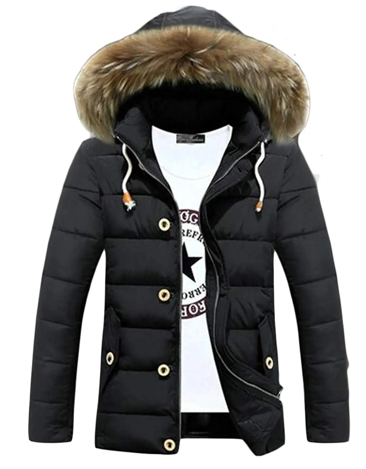 ONTBYB Mens Casual Hooded Faux Fur Lined Quilted Winter Jacket