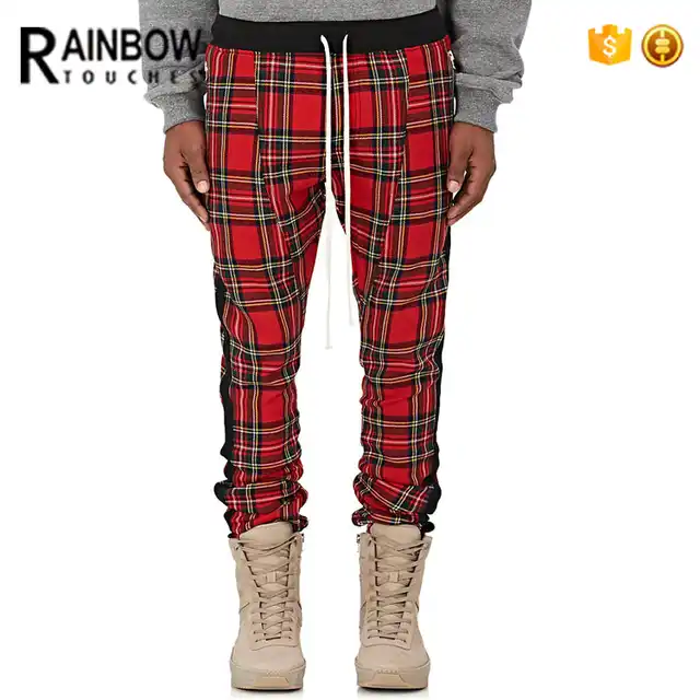 red plaid track pants