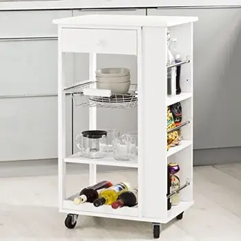 White Wooden Kitchen Storage Serving Trolley Cart With 3 Side