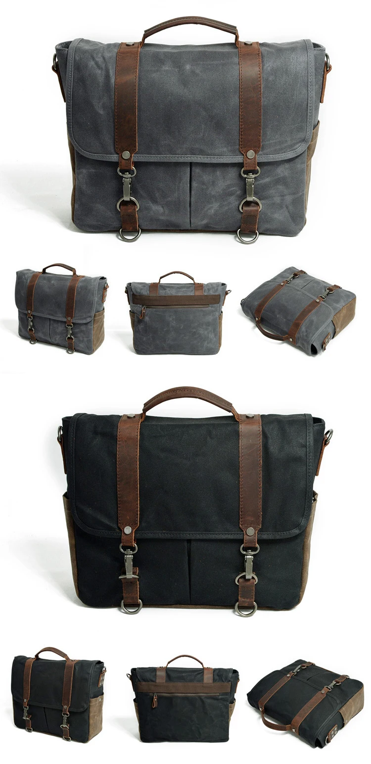European design vintage retro stylish waterproof waxed canvas unisex laptop messenger shoulder bag with leather trim