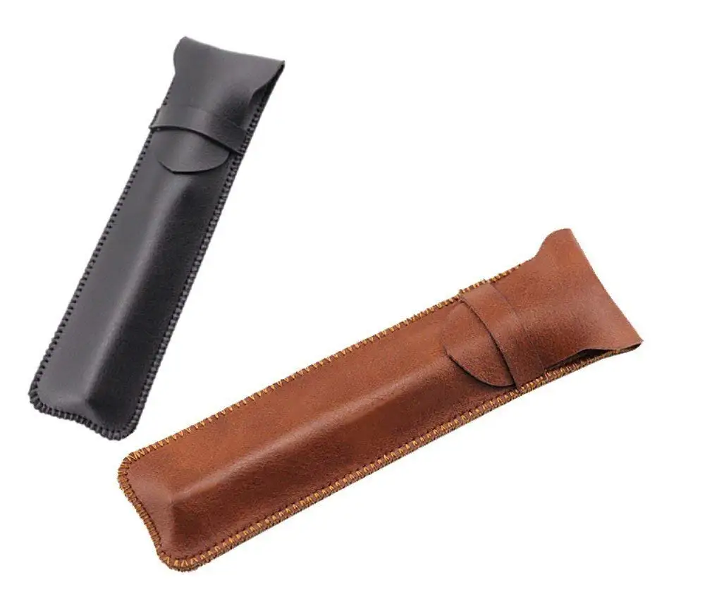 Carved Light Brown Shuxy Crazy Horse Leather Pen Case Holder Handmade Fountain Pen Pouch Protective Sleeve Cover for Ballpoint Pen Stylus Touch Pen