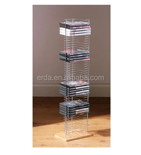 DVD CD VCD TOWER RACK CHROME WOOD BASE 50 CDs FLOORSTANDING STORAGE UNIT