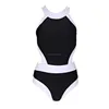 women lady girl patchwork color mix block color bandage wrap one piece swimsuit bikini bathing suit swimwear beach party wear