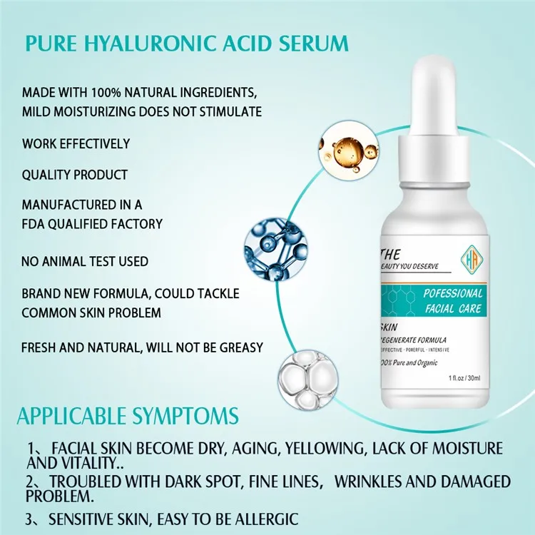 100% Pure Natural Organic Vegan Cosmetic Sterile Hyaluronic Acid Serum ...