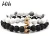 Fashion Men Women Stone Bead Pave Setting Black CZ Crown Charm Weave Braiding Men Macrame Bracelet