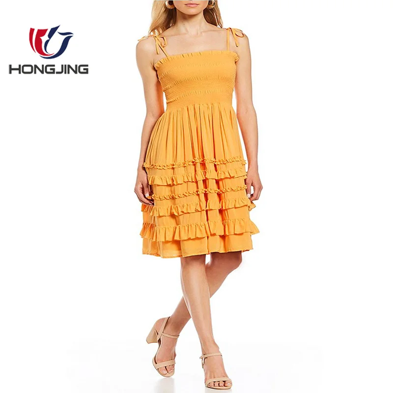 Women Adjustable Shoulder Straps Neckline Saundra Smocked Ruffle