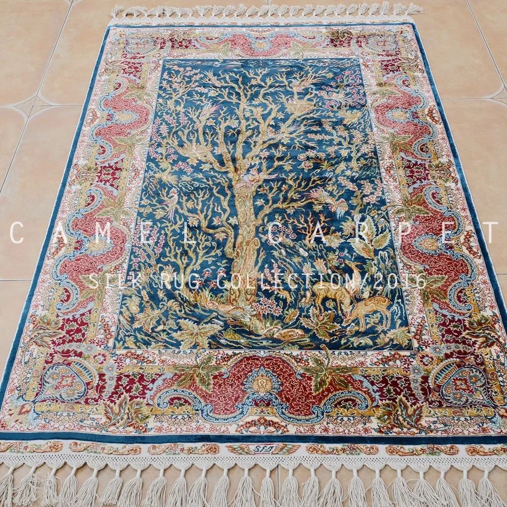 Gree Blue Rug Tree Of Life Design Pure Silk Hand Made 3x4 Oriental Rugs