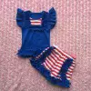 Hot sell new style wholesale boutique deep blue tops with bibs match ruffle shorts set
