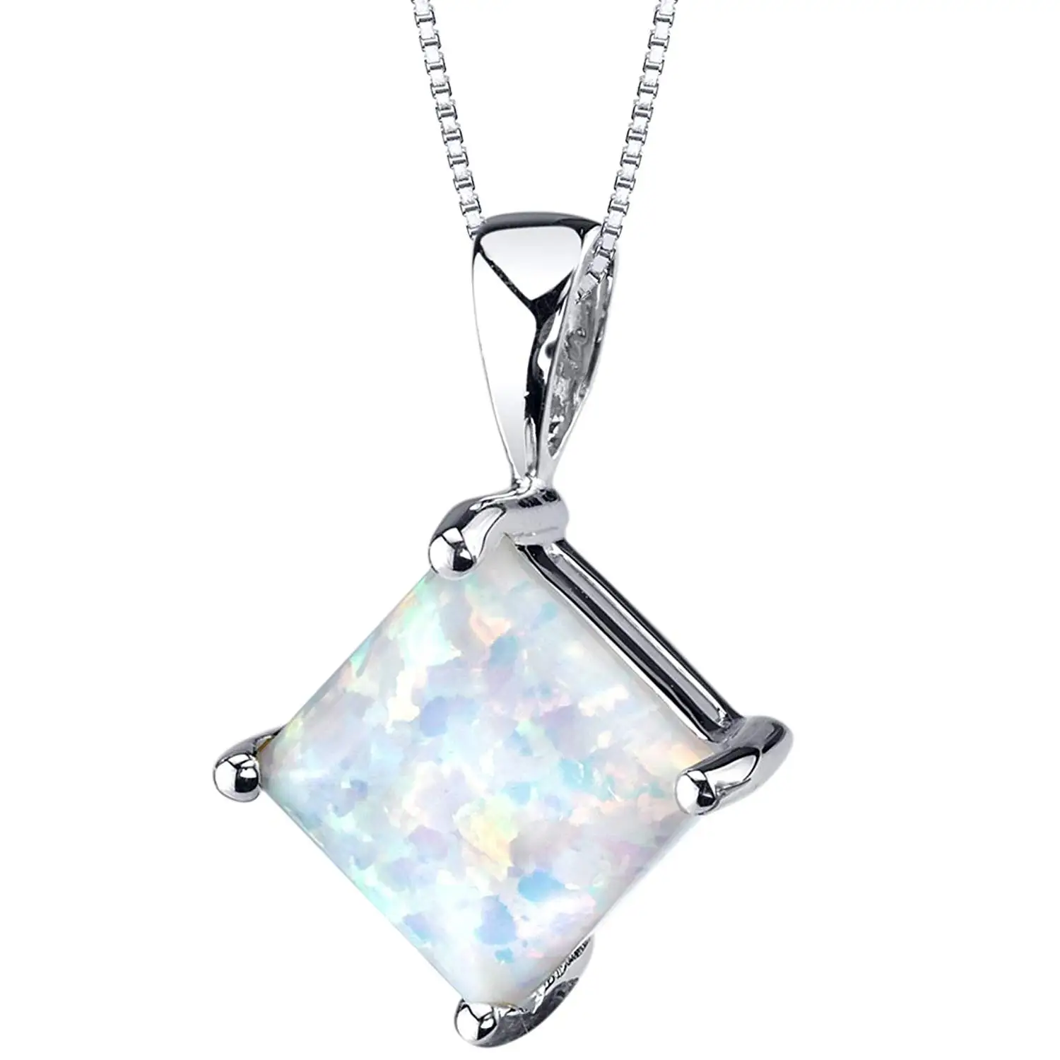 14 Karat White Gold Princess Cut Created Opal Pendant