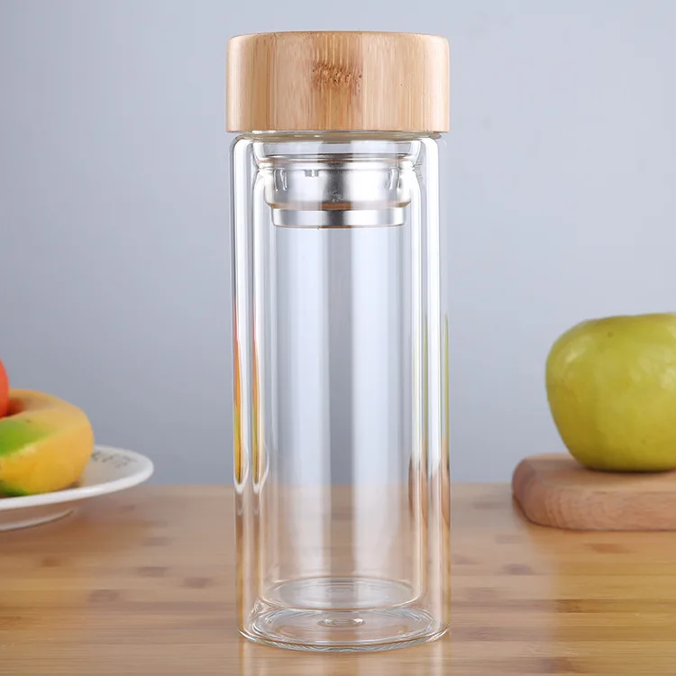 Bamboo Lid Double Wall Glass Tea Infuser Water Bottle - Buy Glass Water ...