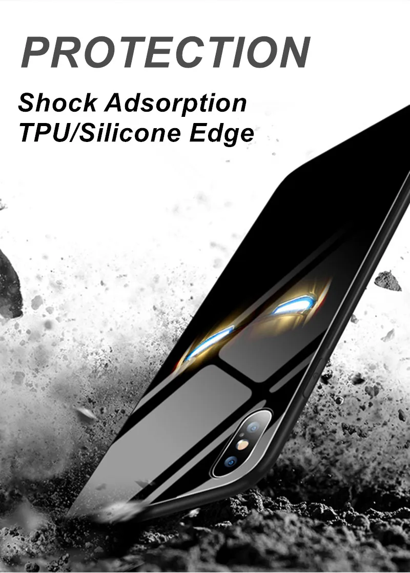 Luxury Cartoon Comics Luminous Tempered Glass Phone Case for iPhone XS MAX XR 8 7 6s Plus 7Plus 8Plus Logo Coque Ironman Cover