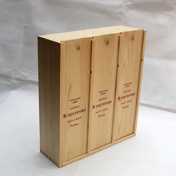 3 bottle pine wood sliding lid box top quality