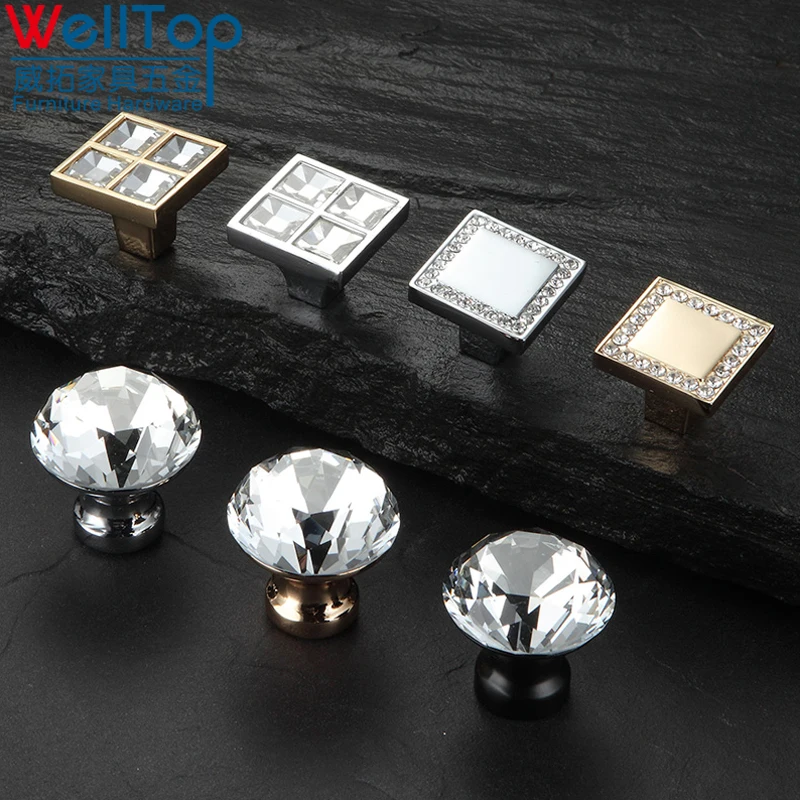 Furniture Kitchen Crystal Drawer Pull Handles Glass Door Zinc Alloy Knobs Screws Drawer Cabinet 6193