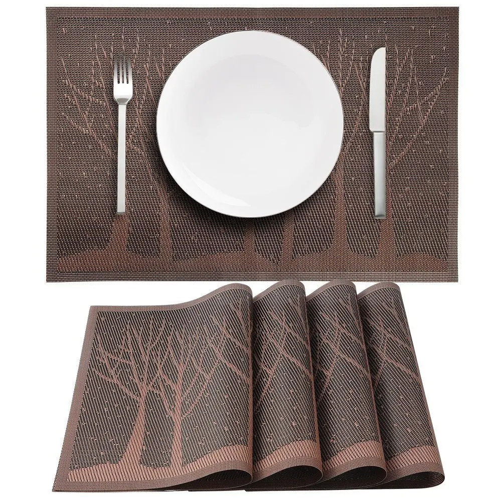 ByYouLike Polyester Tree Table Placemat Crossweave Woven Vinyl Insulation Non-slip Spillproof Place Mats Washable Table Mats for Dining Room Home Decor,4 Pcs (Coffee)