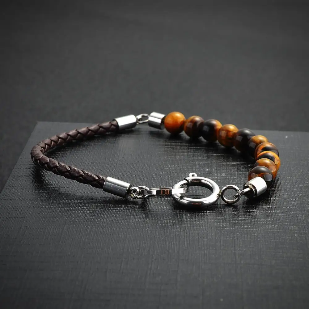 Ladies Fashion New Design Braided Black Leather Tiger Eye Stone Bead Gemstone Bracelet For Women