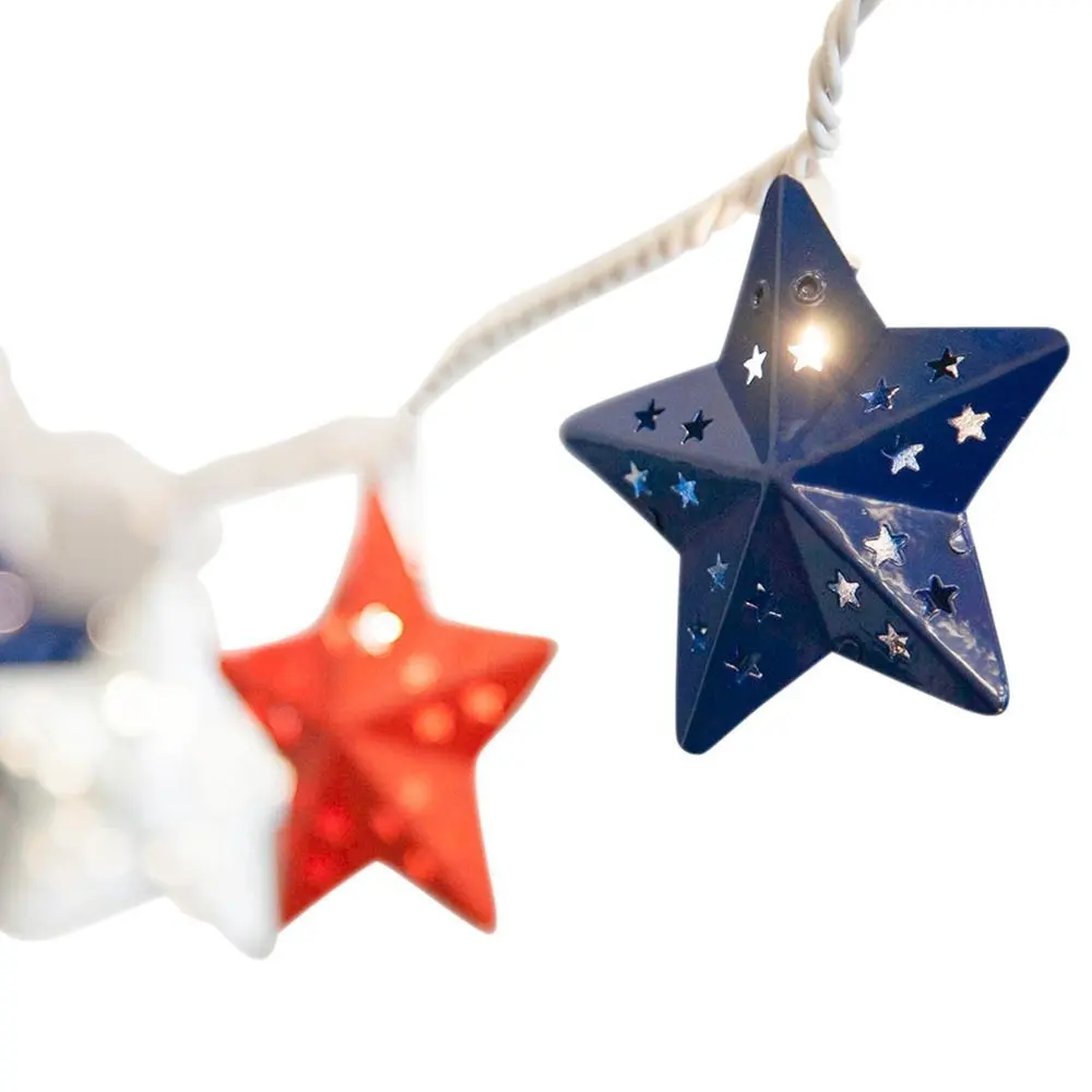 Star String Lights, 10 Patriotic Stars, 5.5 Foot White Wire, Plug In, Patriotic Lights, Red, White, Blue, Metal Star Covers, Incandescent Warm White Fourth of July, Celebration, Festival, Holiday