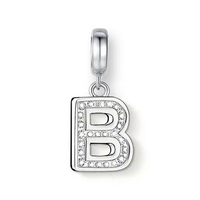 Solid Sterling Silver Cubic Zirconia Initial Letter B Alphabet Dangling ...