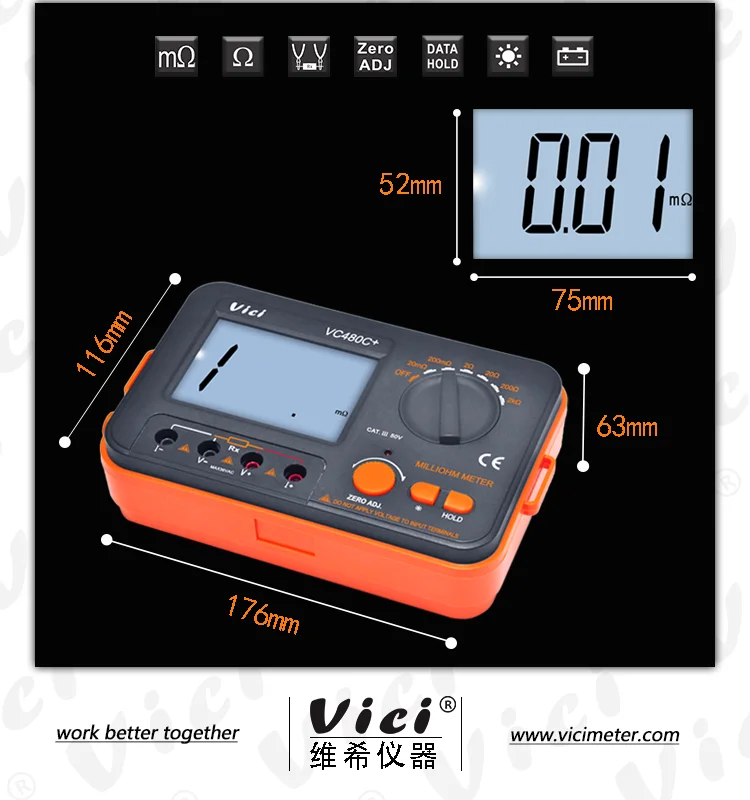 Vici Digital Milli-ohm Meter Resistance Tester 4 Wire Micro Ohm Meter  VC480C+